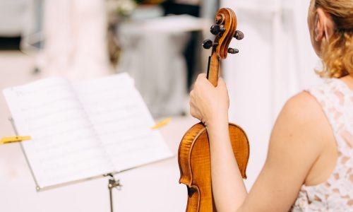 Girl musician sits near the music stand and holds a violin during the wedding ceremony, back view . High quality photo