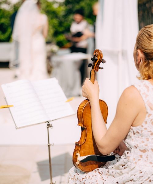 Girl musician sits near the music stand and holds a violin during the wedding ceremony, back view . High quality photo