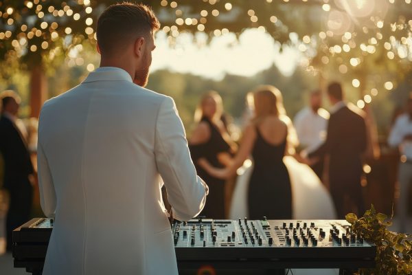 Wedding DJ playing music at console, garden wedding with sunset lighting