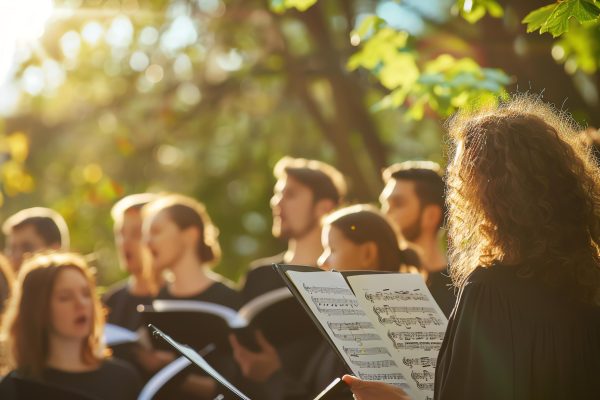 A choir sings in the park. The sun shines through the trees.