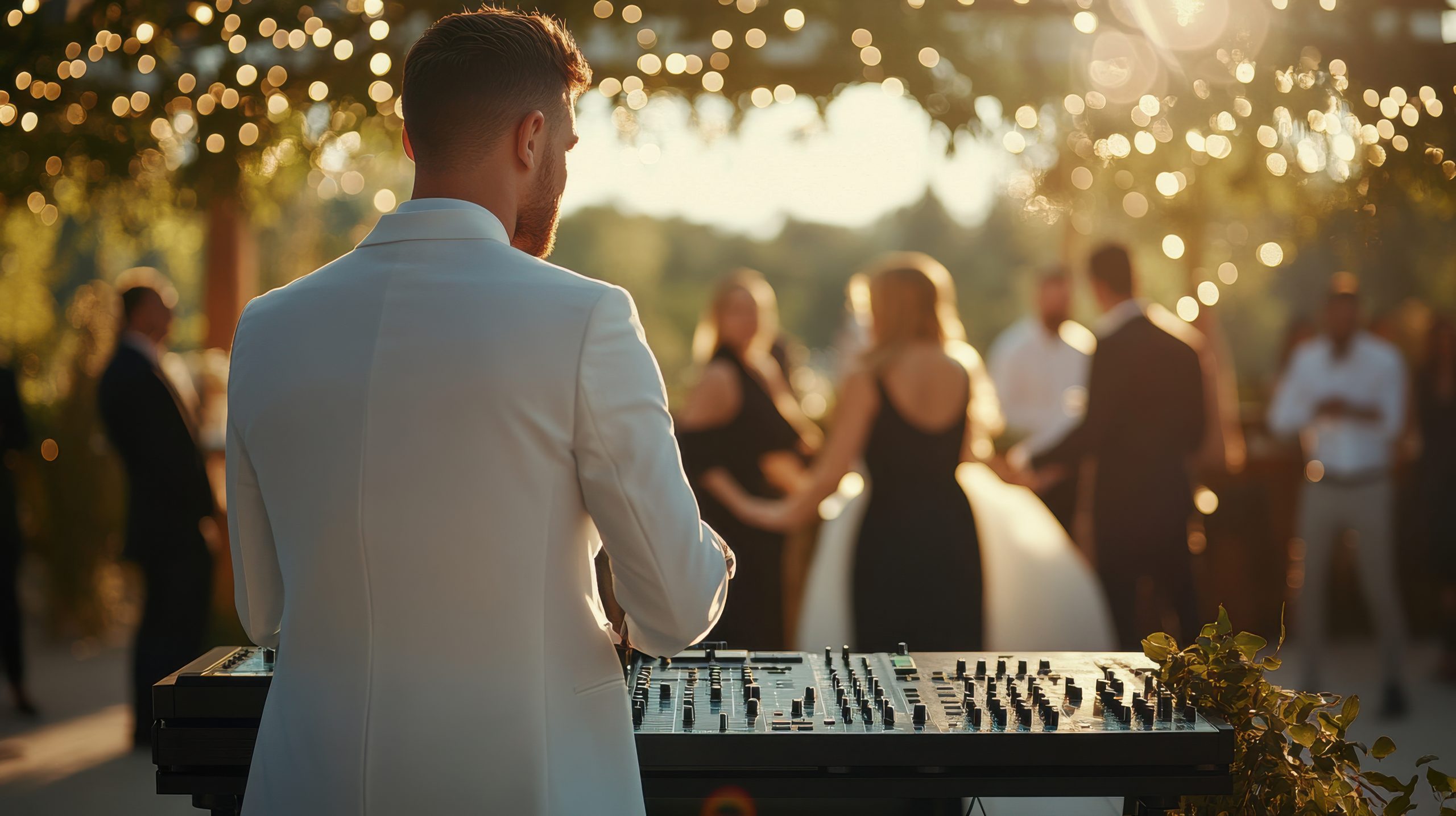 Wedding DJ playing music at console, garden wedding with sunset lighting