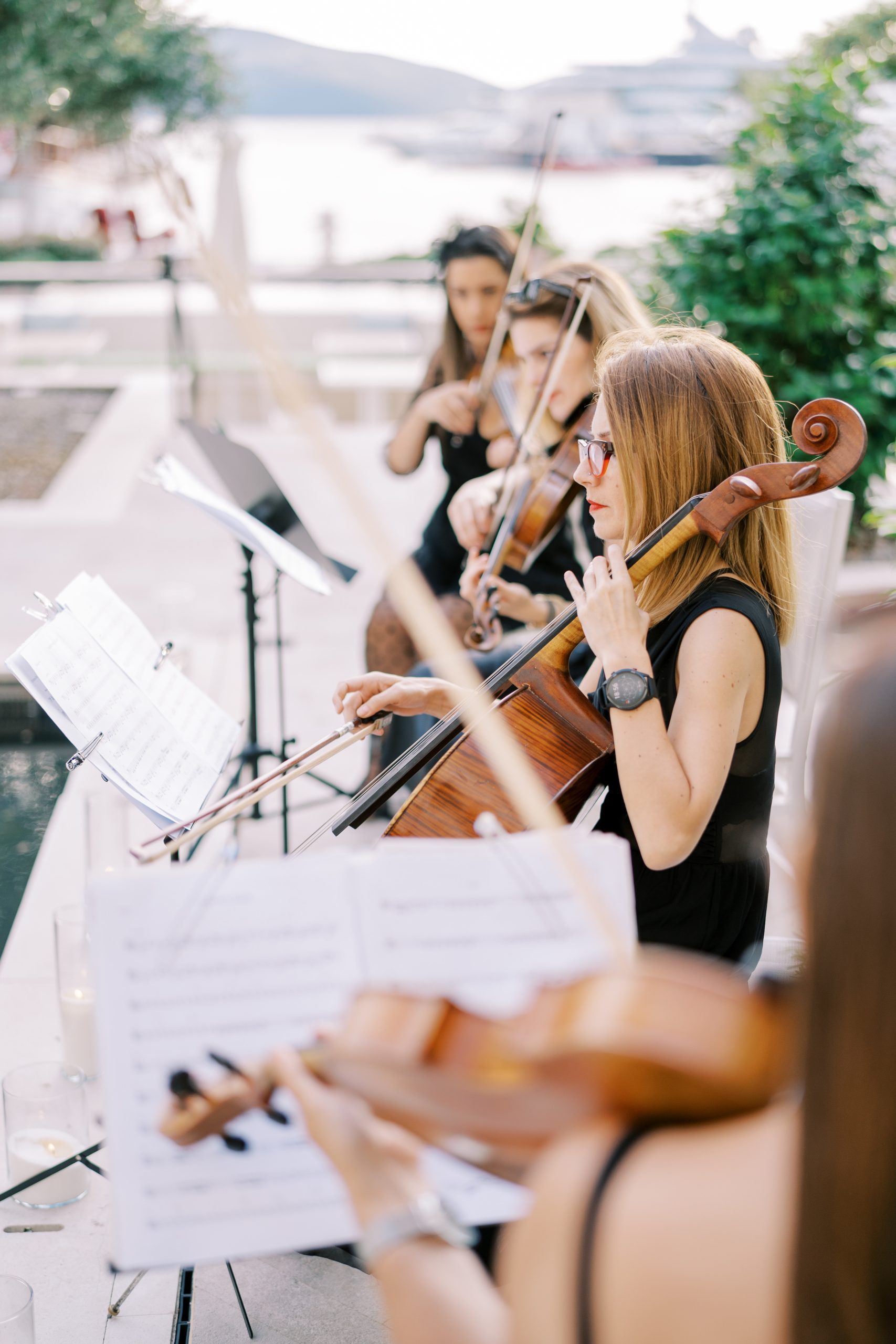 Cellist with violinists plays in the garden sitting on chairs in front of music stands. High quality photo