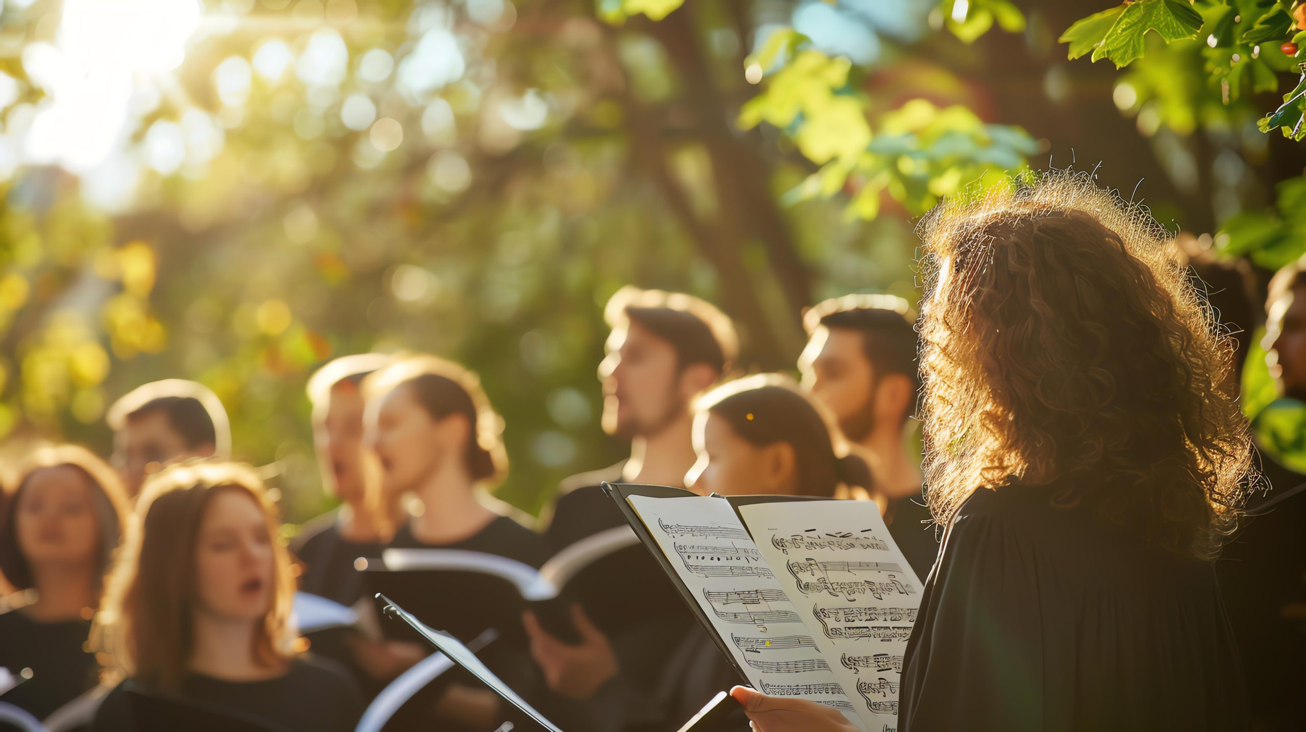 A choir sings in the park. The sun shines through the trees.